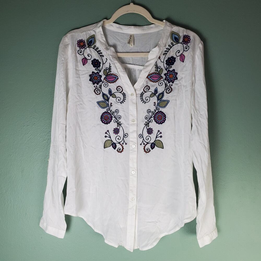 Roper Womens White Floral Embroidered Button Up V-Neck LS Blouse Top Size Small